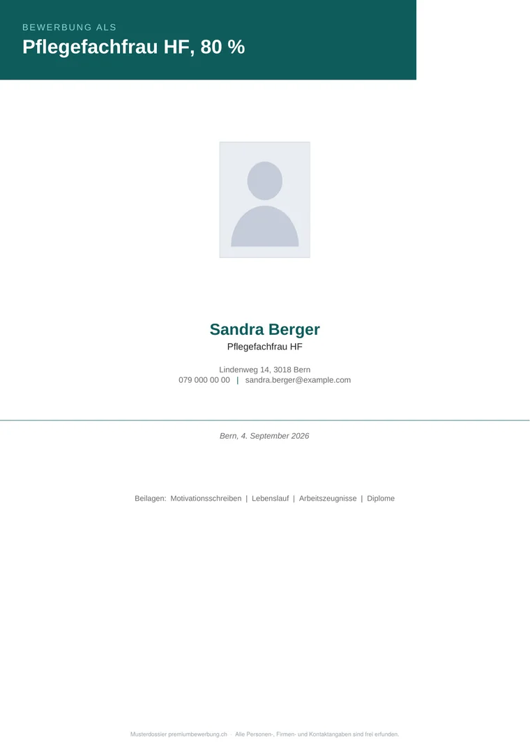Deckblatt eines Bewerbungsdossiers mit Stellenbezeichnung, Name und Beilagenverzeichnis