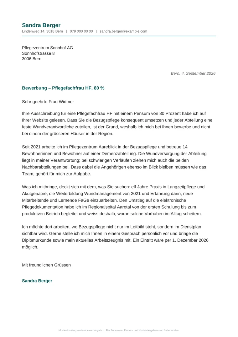 Motivationsschreiben mit Absender, Empfängeradresse, Betreffzeile und vier Absätzen